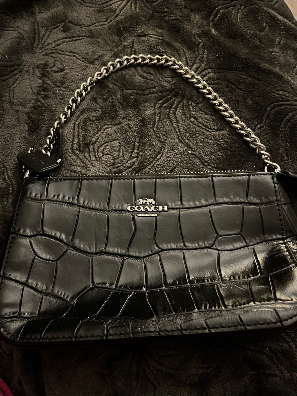 Coach Black Croc-Embossed Leather Shoulder Bag with Silver Chain
